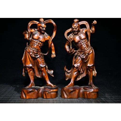 8"China Folk Collection Old Boxwood Humming Two General Statue A pair Door god Office Ornaments Town House Exorcism