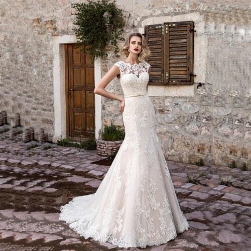 Custom Made O-neck Applique Lace Mermaid Wedding Dress With Sashes Tulle Sweep Train Keyhole Back Bride Dress vestido de noiva