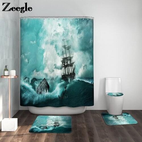 Printing Bathroom Carpet Waterproof Shower Curtain and Bath Mat Set Microfiber Bathroom Mat Set Anti-Slip Foot Mat Toilet Mat