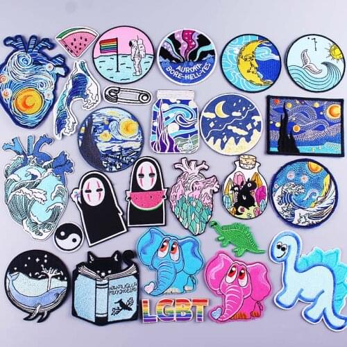Cute Animals Elephant Dinosaur Patch For Clothing Van Gogh Heart Embroidery Patches For Clothes Stickers For T-shirt Whale Patch