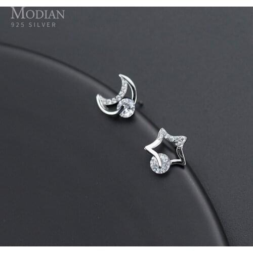 Modian Unique Design Moon And Stars Silver Stud Earrings for Women 925 Sterling Silver Clear CZ Earing Fine Jewelry Accessories