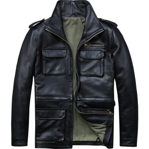 Genuine Leather Jacket Mens Mid-Length Motorcycle Leather Jacket Mens Top Layer Cowhide Coat Trendy Jackets