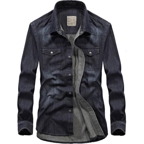 Mcikkny Men Spring Autumn Casual Denim Shirts Cargo Cotton long Sleeves Jeans Shirts For Male Tops Size S-4XL