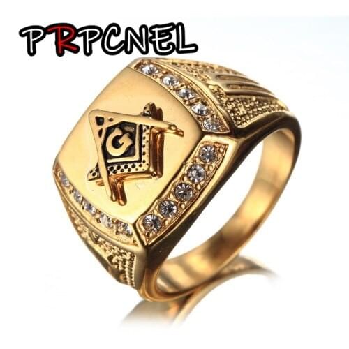 US 7 to 14 size Gold Color Signet Symbols Titanium 316L Stainless Steel Masonic Men Ring Freemason Male Rings Jewelry Gift