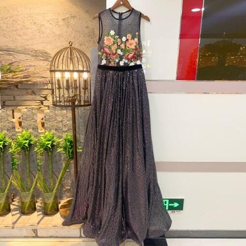 New high quality embroidery dress flower sequin Black Elegant A-Line Floor-Length Prom Robe Evening birthday party Dress wedding