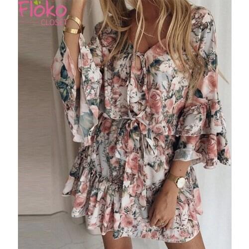 Flokocloset Chiffon V Neck Flower Print Dress Casual Butterfly Sleeve Mini Dress Female Boho Leisure A Line Party Vestidos 2021