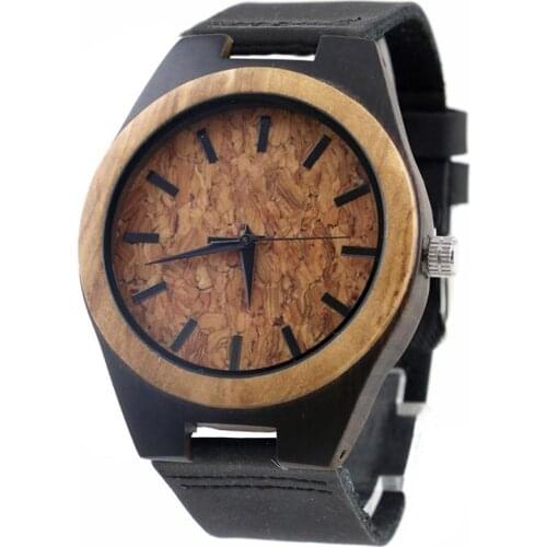 Dropshipping Eco Degradable Quartz Brand Cork Face Olive Ebony Wooden Wrist Watches with Leather Band