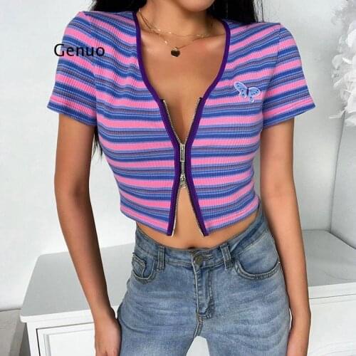 Sexy V-Neck Striped Zipper Short Sleeve Short Top T-Shirt Summer Women Patchwork Butterfly T-Shirt Woman 90S Y2K Aesthetic