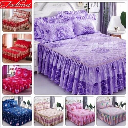 Purple Flower Pattern Thick Quilted Bed Skirt Adult Kids Girl Soft Cotton Sheet Cover Linen 1.2m 1.5m 1.8m 2m Bedspreads 180x220