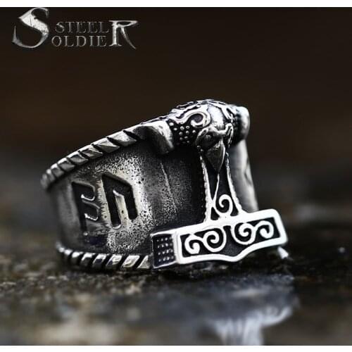 Teel soldier Son of Odin Thor Hammer Biker Ring Viking Mens Mjolnir Stainless Steel Rune Amulet Rings Norse Jewelry Gift