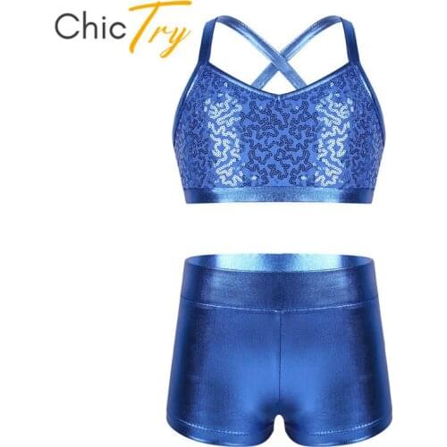 ChicTry Kids Shiny Sequins Spaghetti Straps Ballet Gymnastics Shorts Crop Tops Outfit Girls Stage Performance Tankini Dance Wear