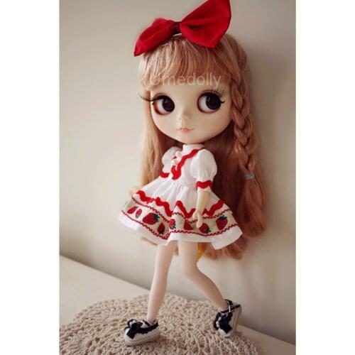 1 Set Cute Red Bow Tie Hairpin + Strawberry Dress for Blyth, Licca, Azone Doll Clothes Accessories