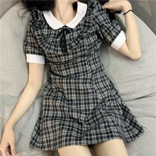 Women Preppy Style Plaid Mini In Black Color Check Print Bow Dress College Japanese Mori Girl Clothing LN2