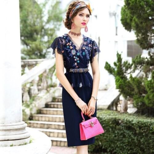 Pencil solid patchwork dress women 2021 Embroidered dress women summer mesh stitching slim professional retro elegant skirt Plus