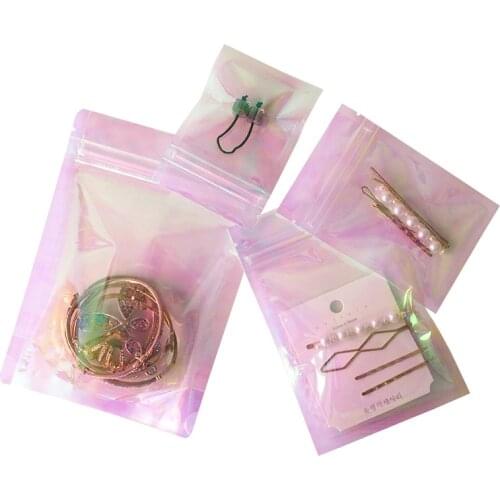 10Pcs Rainbow Pink Ziplock Bag Pouches Cosmetic Plastic Laser Translucent Bag Holographic Makeup Bags Jewellry Zipper Bag