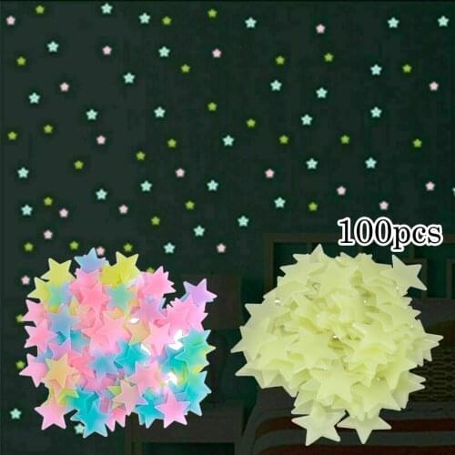 100pcs 3D Stars Glow In The Dark Wall Stickers Luminous Fluorescent Pvc Wall Art Decals For Kids Bedroom Ceiling Home Decoration