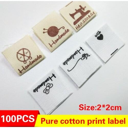 100Pcs/Lot 2x2cm Handmade Printed Cotton Woven Labels Washable Clothes Garment label DIY tags Craft Sewing Accessories