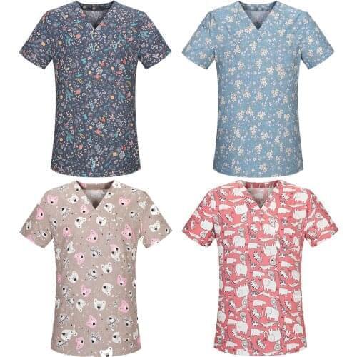 2021 Hospital Uniform for Women Fashion Short Sleeve V-neck Tops Working Uniform Cartoon Print Blouse Sexy suecos enfermera