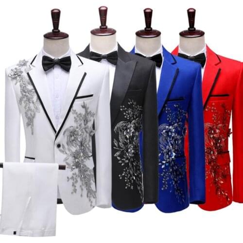 Sequin blazer men applique suit set with pants mens wedding suits costume singer star style dance stage clothing formal dress