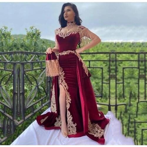 Burgundy Moroccan Kaftan Caftan Muslim Evening Dresses Mermaid Cap Sleeves Appliques Dubai Arabic Turkey Abaya Islamic Gown