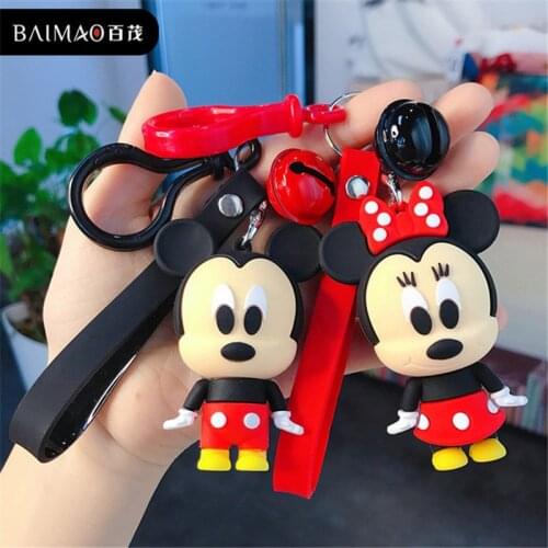 Disney Mickey Minnie Mouse Key Chains PVC Donald Duck Winnie Stitch Dolls Action Figures With Bell Pendant Phone Accessories