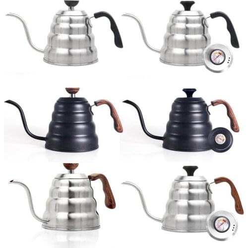 1L/1.2L Hand Coffee Pot Stainless Steel Coffee Kettle With thermometer Goose Neck Thin Spout Kitchen Pour Over Coffee Tea Tools
