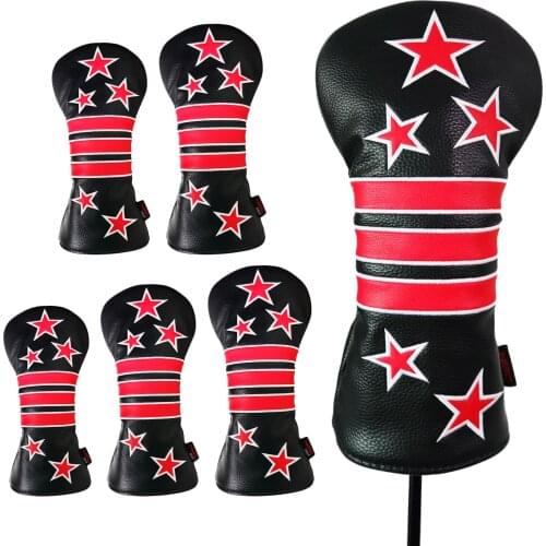 Golf Head Covers Driver Fairway Woods Club Headcovers - Premium Leather Headcovers, with Red Star Embroidery
