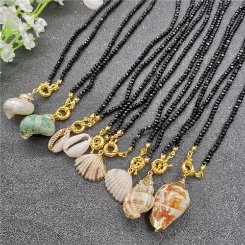 JCYMONG New 3mm Black Glass Beads Long Necklace For Women Bohemian Natural Shell Conch Cowrie Pendant Necklace Beach Jewelry