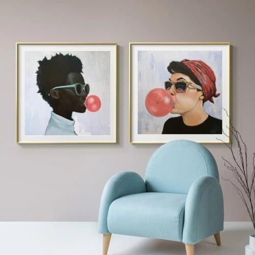 Women and Men Blowing Red Bubble Gum art Poster Canvas Painting Modern Restaurant Art Wall Furniture Decoration Wall Painting