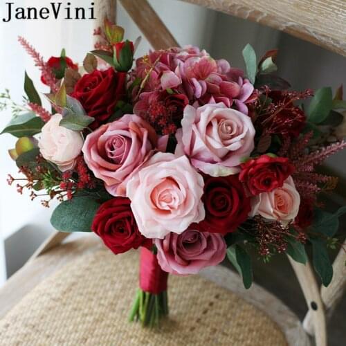 JaneVini Classical Dark Red Pink Flowers Wedding Bouquet for Bride bouquet de fleurs artificielles Bridal Hand Brooch Bouquets