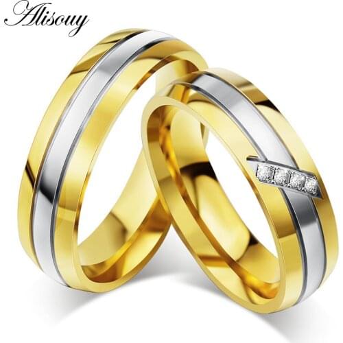 Alisouy 2019 fashion lover rings for men women Gold Color stainless steel with CZ wedding rings promise finger ring wholesale
