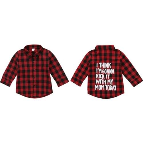 2017 Fashion Casual Cotton Newborn Toddler Baby Boy Girls Long Sleeve Turn-down Collar Plaid Red Shirts Back Letter Outfit 2-7Y