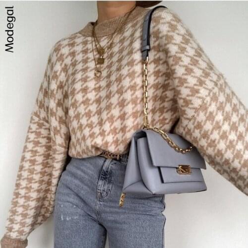 Modegal Womens Casual Houndstooth Knitted Sweater Turtleneck Long Sleeve Geometric Printed Thick Loose Pullover Autumn Winter