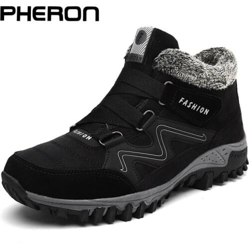 PHERON Leather Men Boots Winter with Fur 2019 Warm Snow Boots Men Winter Work Casual Shoes Sneakers High Top Rubber Ankle Boots