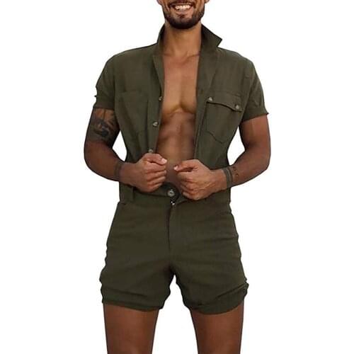 Mens Short Sleeve Jumpsuit 2021 Summer Punk Style Sexy Rompers Mens Shirt+Shorts One-piece Garment New Fashion Buttons Playsuits