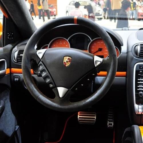 New All Black Suede Leather & Red Thread Steering Wheel Hand Sewing Wrap Cover Fit For Porsche Cayenne 2006-2009