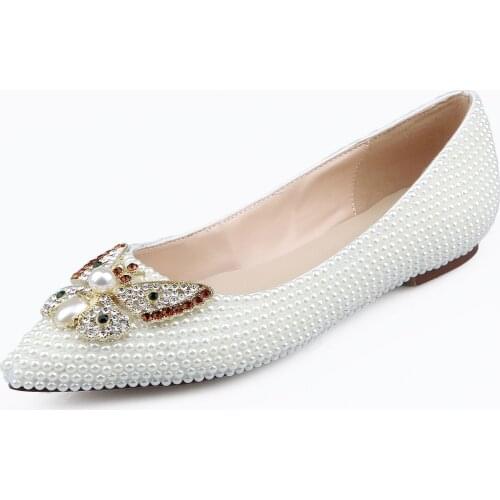 Handmade String Bead Pearl White Wedding Shoes Woman Rhinestone Bowknot Pointed Toe Womens Flats Bridesmaid Shoe Summer Sandals