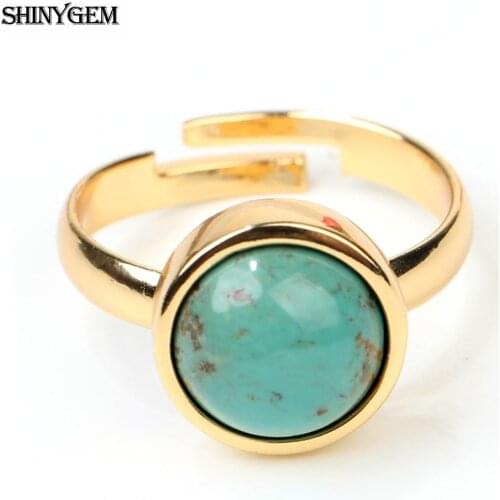 ShinyGem 10mm Charm Round Natural Turquoises Rings Gold Plated Adjustable Classical Green Gem Ring For Women Wedding Gift