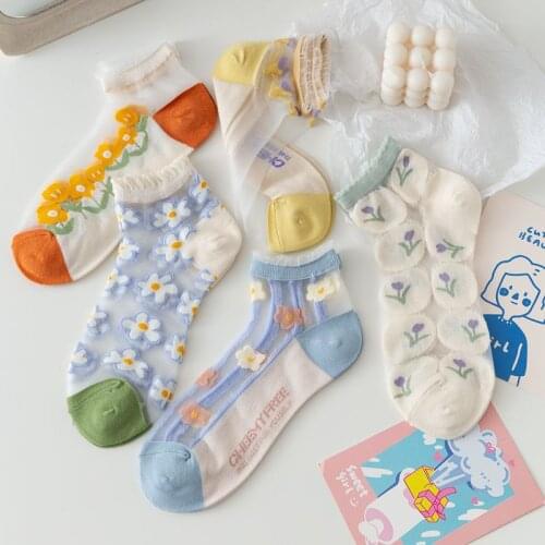 Tulle Socks Transparent Ultra-Thin Ankle Korean Style Women Flowers Pattern Mesh Cute Kawai Cool Summer Crystal Silk Short Meias