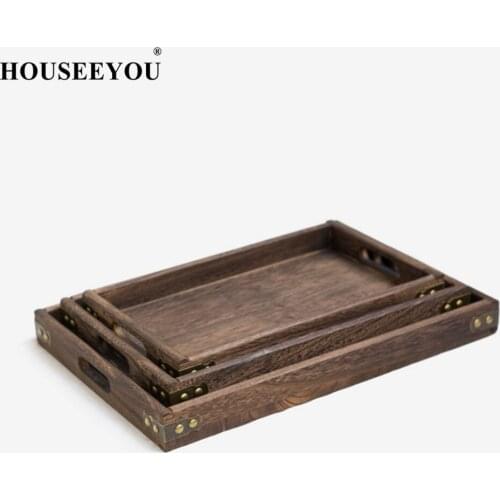 Japan Style Burn Paulownia Wood Serving Tea Tray Metal Edge Rectangular Solid Wood Plates Dinner Snack Plate Hotel Suppliers