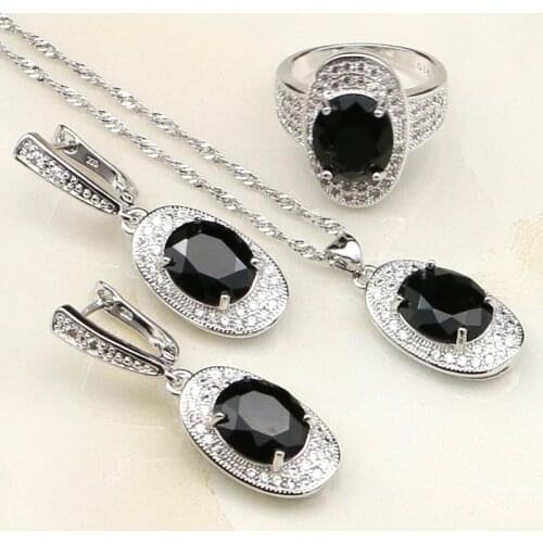 925 Sterling Silver Jewelry Black Cubic Zirconia White Stones Jewelry Sets For Women Wedding Earrings/Ring/Pendant /Necklace