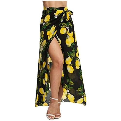 Womens Lemon Printed High Split Cover Up Bohemian Maxi Wrap Skirt High Low Asymmetrical Hem Skirts