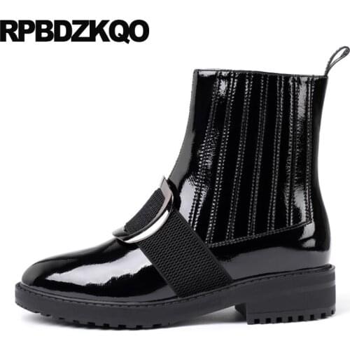 European Genuine Leather 10 Big Size Women Ankle Boots Medium Heel Black Luxury Patent Round Toe Chunky Metal Shoes 2021 Plus