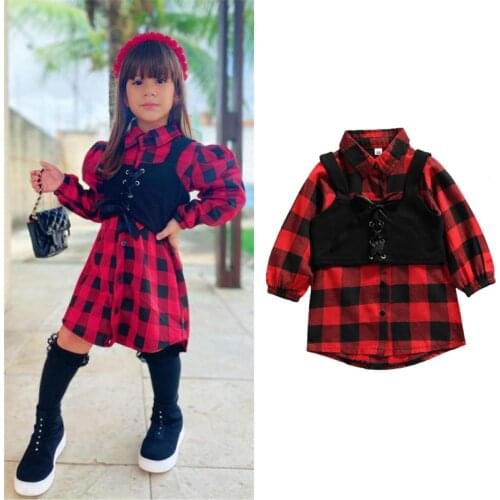 1-6Y Fashion Children Girls Autumn Clothing Sets Long Sleeve Plaid Shirts Dress Tops+Cropped Vests Outfits