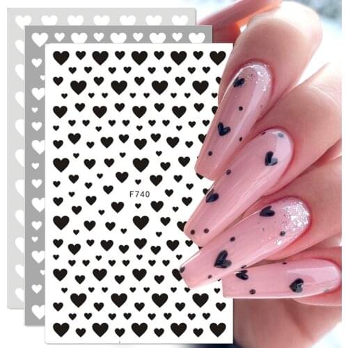 1Pcs 3D Nail Art Stickers Black White Love Heart Self-Adhesive Sliders Paper Letters Stars Nail Decals Manicures Accessories