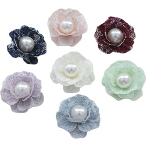 5PCS Pearl Rhinestone Chiffon flowers Hair Accessories DIY Flower Bouquet Flowers Decorations No Hair clips for headband