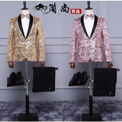 Pink pattern sequins blazer men formal dress latest coat pant designs suit men terno slim suits for mens Personalized fashion
