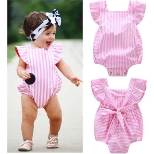 Summer 0-18M Children Pink Princess Bodysuit Baby Girl Clothes Kids Jumpsuit Infant Sleeveless Striped Outfits Newborn Sunsuit
