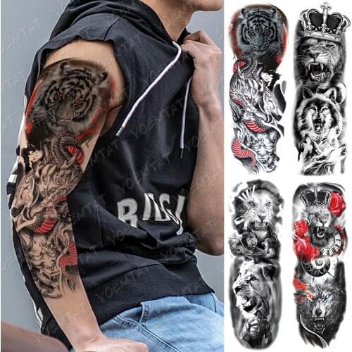 Large Arm Sleeve Tattoo Bloody Tiger Dragon Waterproof Temporary Tatto Sticker Wolf Lion Body Art Full Fake Tatoo Women Male