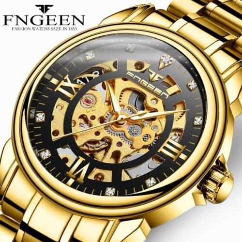 FNGEEN Brand Quality Golden Watch for Man Self Winding Automatic Mechanical Watches Business Luxury Mens Skeleton Orologio Uomo